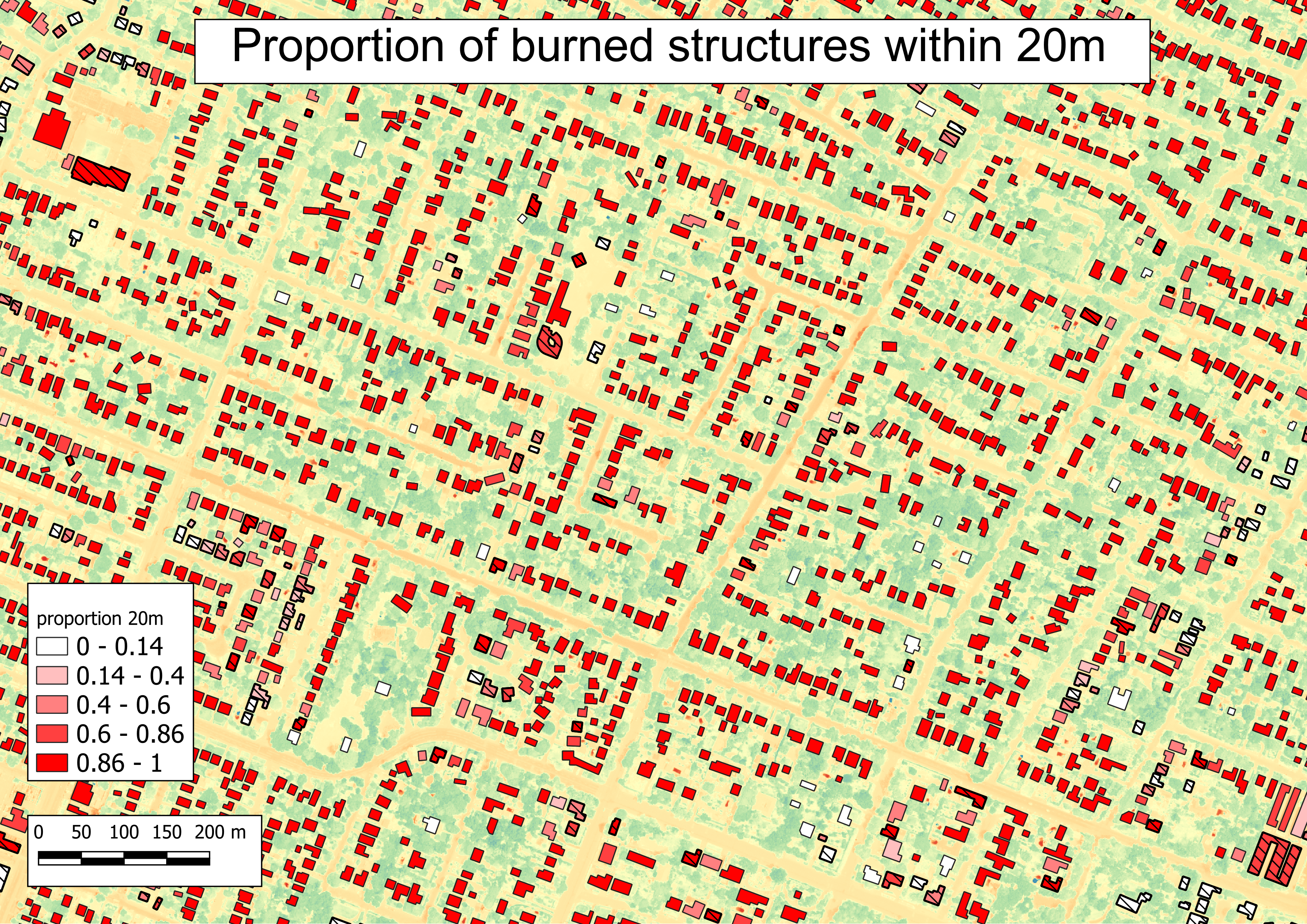 ratio of structures within 20m that burned map